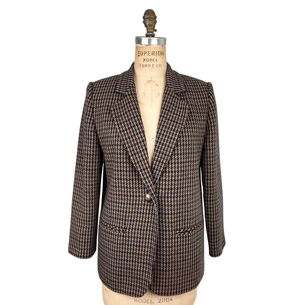 Vintage Sag Harbor‎ Houndstooth Blazer Womens 6P Brown Academia Wool Old Money